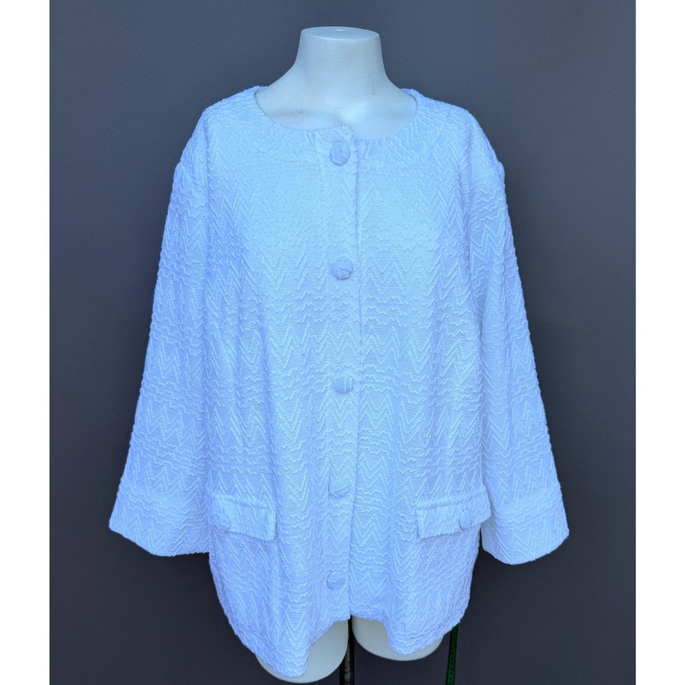 Dennis Basso White Textured Chevron Jacket Plus 3X Button Front Pockets Shimmer